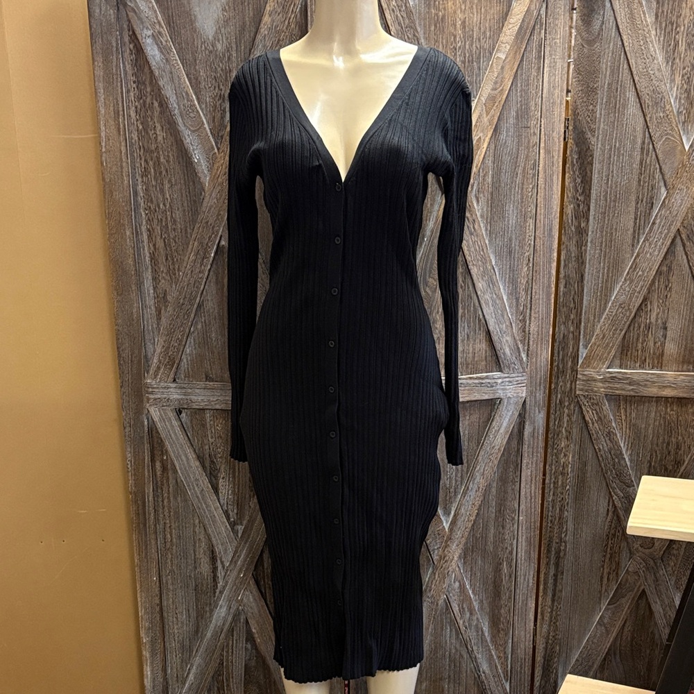 NWT Lita by Ciara Ribbed Black Button-Down Long Sleeve Dress Size L
